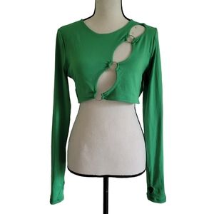 HONEYBUM green triple asymmetric keyhole long sleeve crop top